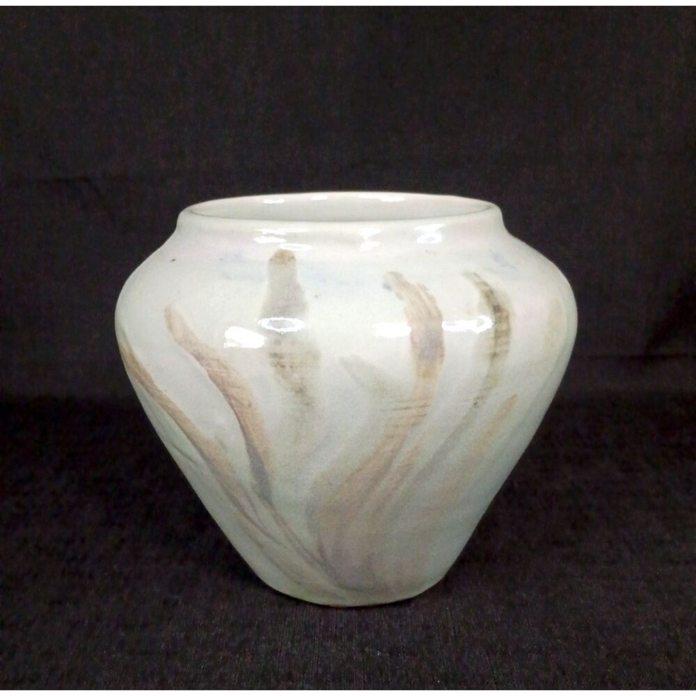 Vintage Signed Studio Pottery Ceramic Cream w Waving Grass Vase Planter Pot